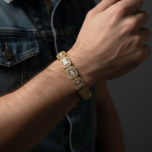 Luxury Yellow Gold Diamond Tennis <b>Bracelet</b> Baguette Cut Geometric Chain Link Unisex Jewelry - Product Image 2