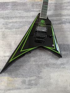 Guitare électrique ESP Style Green Stripe Explorer avec double trémolo et micros <span class=keywords><strong>EMG</strong></span>, forme personnalisée Skull - Product Image 5