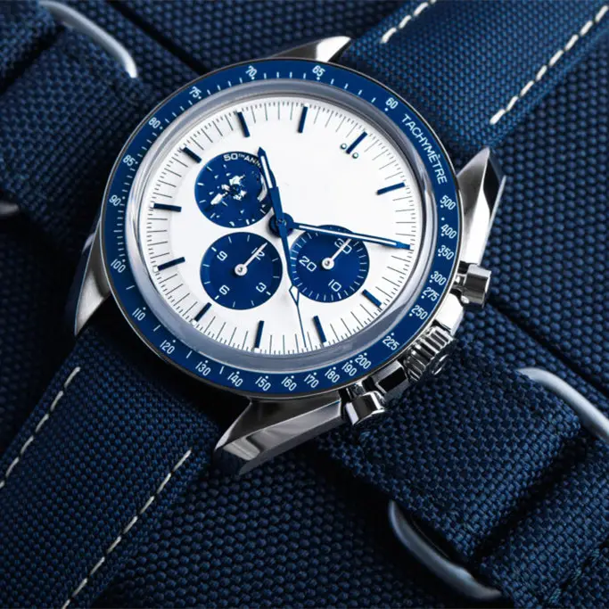 Luxury Top Brand Speedmast Silver Award orologio da uomo 42mm cassa cinturino in tessuto di Nylon blu Moon orologio da polso da uomo con confezione regalo