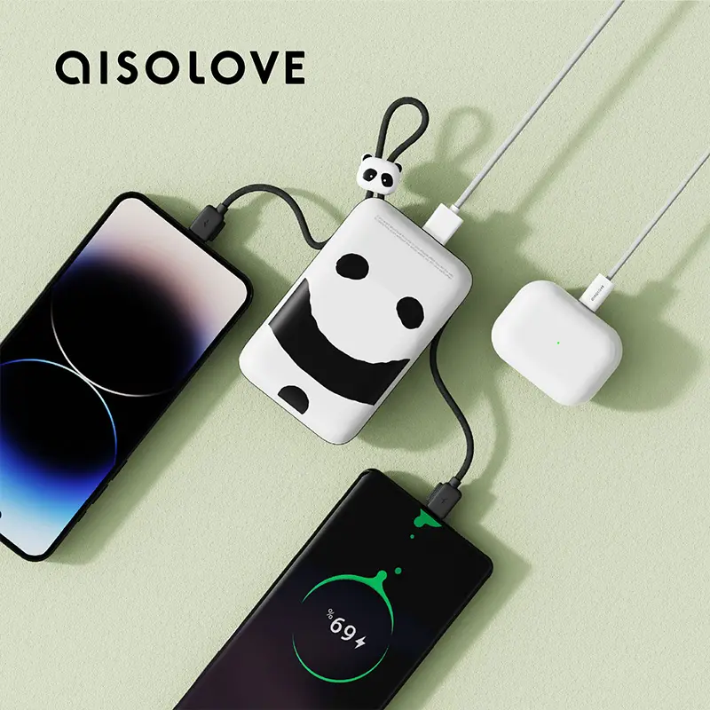Aisolove 10000 mAh eingebaute Kabel-Powerbanks für Iphone und Type-C-Kabel tragbare Mini-Powerbank