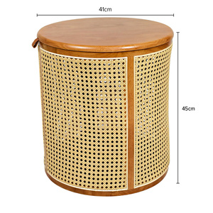 Minimalist Small <strong>Round</strong> Solid Wood Rattan <strong>Side</strong> <strong>Table</strong> Coffee <strong>Table</strong> <strong>with</strong> Internal <strong>Storage</strong> Space Organizer for Living Room Corner - Product Image 4