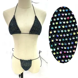 S563 iki adet seksi kadınlar kristal elmas Beachwear mayo Bling Rhinestones Mesh mayo Bikini setleri