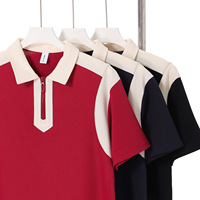 Kaos Pria Trendy Gaya Cina, Kerah Setengah Resleting, Lengan Pendek, Bahan Bernapas Anti-Pilling 240 Gram 100% Katun