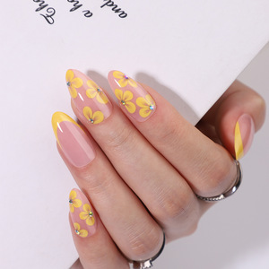 Venta al por mayor, juego <span class=keywords><strong>de</strong></span> <span class=keywords><strong>uñas</strong></span> a presión, puntas <span class=keywords><strong>de</strong></span> <span class=keywords><strong>uñas</strong></span> falsas <span class=keywords><strong>de</strong></span> almendra corta francesa, flor amarilla acrílica con diseño <span class=keywords><strong>de</strong></span> diamante, <span class=keywords><strong>Uñas</strong></span> postizas - Product Image 3