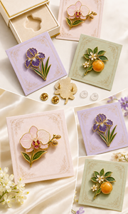 Pins de Esmalte Botánico Personalizados, Chapados en Oro, con Esmalte Duro, Diseño de Orquídea, Iris y Cítricos, Insignias para Solapa - Product Image 3