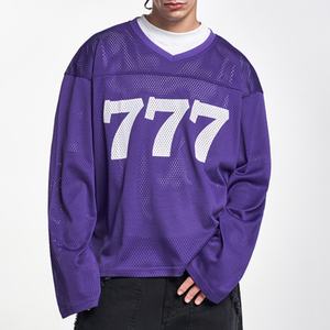 Toptan moda Streetwear Tshirt özel yüceltilmiş baskı restreetwear kollu boş düz örgü hokey formaları spor - Product Image 3