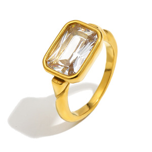 Stainless Steel Rectangle Zircon Bezel <b>Ring</b> Trendy Geometric <b>Statement</b> Finger <b>Ring</b> For Women Daily Stackable Party Jewelry - Product Image 1