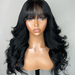 Perruque en cheveux humains noirs avec frange sans colle, prête à porter, ondulée, densité 180 %, fabriquée à la machine pour femmes, couleurs plus foncées uniquement - Product Image 5