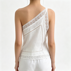 OEM ODM Débardeur Cami Blanc Court Respirant à Une Épaule en Dentelle, Blouse Sans Manches à Découpes Personnalisées, Débardeur d'Été pour Femme - Product Image 3