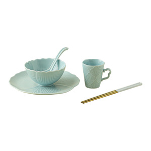 Service de table en céramique à motifs floraux, couleur unie, comprenant bol, assiette et tasse, pour usage domestique quotidien - Product Image 5