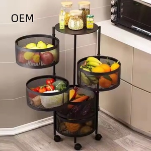 Factory Fruit Vegetable <b>Basket</b> Kitchen 5 Tier Rolling Cart With Top Lid Large Metal <b>Wire</b> Wheels Black Rotating <b>Storage</b> Rack - Product Image 1