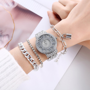 Mode Hip Hop glacé Bracelet à maillons cubain grand cadran montre-Bracelet en acier montre à Quartz et Bracelet ensemble cadeau pour femmes - Product Image 2