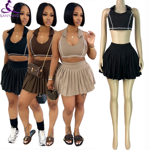 New Summer Casual <strong>Stretch</strong> Two-pieces <strong>Skirt</strong> Set With Sleeveless Crop Top Tank Top and Mini <strong>Skirt</strong> With Short Under - Product Image 1