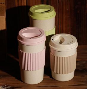 Gobelet écologique, tasse de voyage réutilisable, gobelet avec couvercle, portable, paille de blé, tasse à café, tasse à thé avec poignée en silicone - Product Image 3