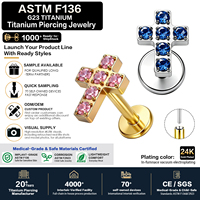 Clous d'oreille sans filetage en titane ASTM F136 G23 en forme de croix 16G avec zircon, qualité implant, plaqué or, labret à poussoir pour piercing d'oreille