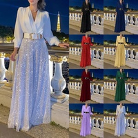 2024 nouveau élégant mince col en v à manches longues chemise coupe ample taille haute ceinture paillettes solide jambe large ensemble pour le printemps été