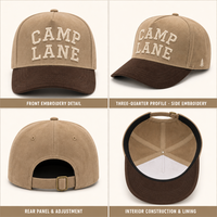 Casquette en daim bicolore de haute qualité avec logo personnalisé, broderie 3D en relief, visière incurvée, marron foncé, pour le camping, vente en gros