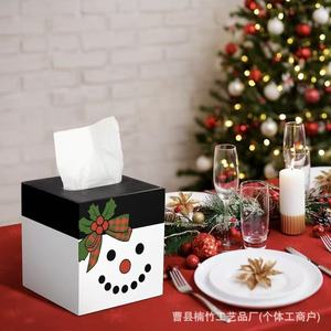 Caja de pañuelos de madera navideña con diseño de muñeco de nieve, decoración de mesa, organizador de almacenamiento, capacidad de 12L, regalo artesanal de madera maciza - Product Image 1