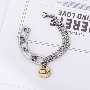 yunnique Hip Hop Metallic Style <b>Titanium</b> Steel Unisex Cuban <b>Chain</b> Bracelet With Number 92 Charm Geometric Design - Product Image 1