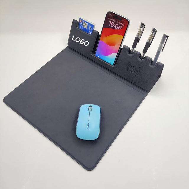 Custom Modern Business Gift Desk Pen Holder 15W Wireless Charger Phone Stand Mouse Pad Phone Charger Desktop Organizer Plastic