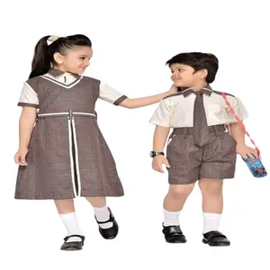 购买优秀设计的校服-棕色格子半裤男孩衬衫/女孩白色和棕色连衣裙制服