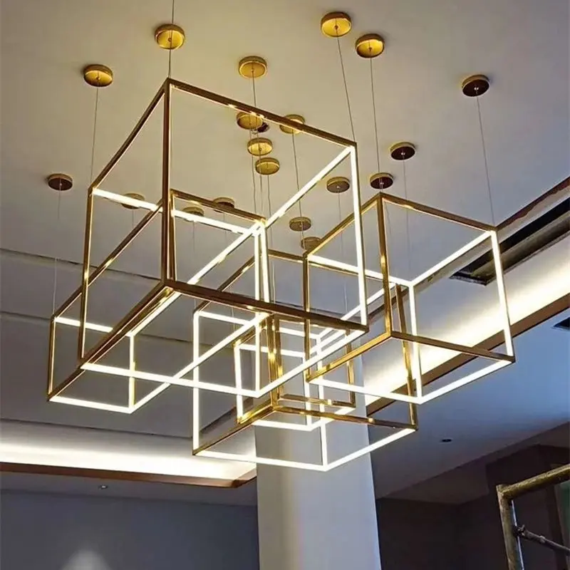 Lustre Led suspendu carré doré au design moderne, Luminaire décoratif d'intérieur, idéal pour un salon ou une entrée, nouveau modèle