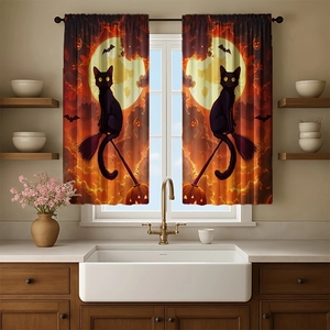 Cortina <span class=keywords><strong>de</strong></span> cocina rosa <span class=keywords><strong>de</strong></span> Halloween, cortina corta para ventana con diseño <span class=keywords><strong>de</strong></span> <span class=keywords><strong>castillo</strong></span> <span class=keywords><strong>de</strong></span> <span class=keywords><strong>terror</strong></span> negro y murciélagos, cortinas <span class=keywords><strong>de</strong></span> café <span class=keywords><strong>de</strong></span> 2 paneles personalizables - Product Image 2