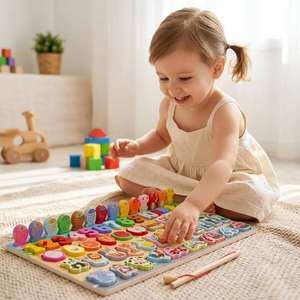 Gioco Educativo Montessori in Legno, Tavola Logaritmica con Numeri, Caratteri, Frutta, Veicoli e Forme, Puzzle e Gioco di Pesca per Bambini - Product Image 2