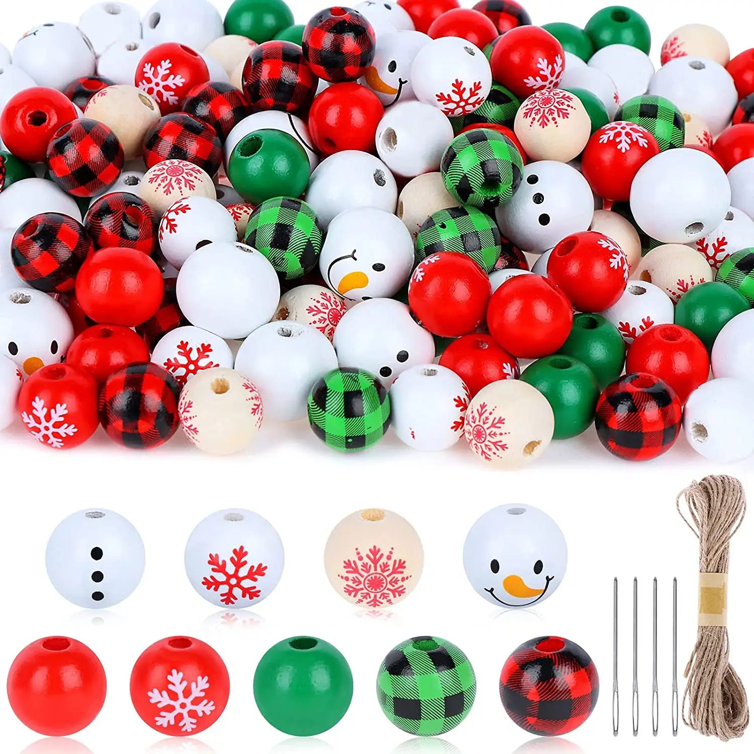 KRAFF Customization Christmas DIY Craft Garland Tree Decor Jewelry Making Wooden Beads with Hemp Rope for Party Holiday