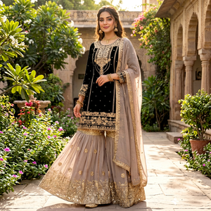 Ensemble Anarkali brodé noir et or pour femme avec palazzo en tulle et dupatta – Tenue traditionnelle indienne et pakistanaise pour mariage, longueur ras du sol - Product Image 1