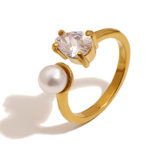Stainless Steel 18K Gold Plated Open <b>Ring</b> Inlaid Teardrop Zircon And Pearl Trendy Elegant Statement <b>Finger</b> <b>Ring</b> For Women - Product Image 1