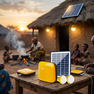 Système d'éclairage solaire domestique avec batterie LiFePO4 6000 mAh pour usage intérieur et extérieur, 2 ampoules LED, câble de charge USB 5 en 1 pour usage quotidien - Product Image 1