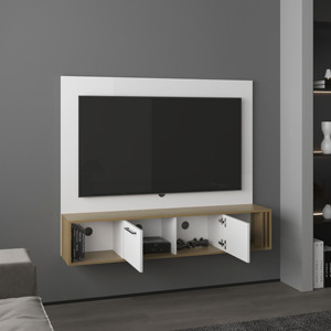 Vance 56 Inch Wide <b>Floating</b> Entertainment Center With Two Cabinets Four Shelves Cable Management Natural Oak White - Product Image 5