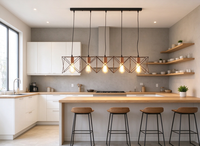 Suspension industrielle linéaire à 5 lumières, cadre en fil métallique géométrique noir, douille E27 or rose, pour îlot de cuisine et salle à manger