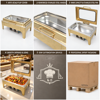 Plat de service rectangulaire LQ entièrement doré 9L en acier inoxydable 201 avec couvercle ouvert, poignée longue, bac alimentaire argenté et deux supports pour combustible
