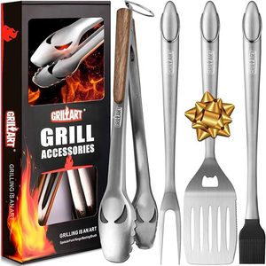 Ensemble d'accessoires <span class=keywords><strong>pour</strong></span> barbecue en acier inoxydable avec pinces, pelle, fourchette, brosse - Boîte <span class=keywords><strong>cadeau</strong></span> moderne <span class=keywords><strong>pour</strong></span> papa - Product Image 1
