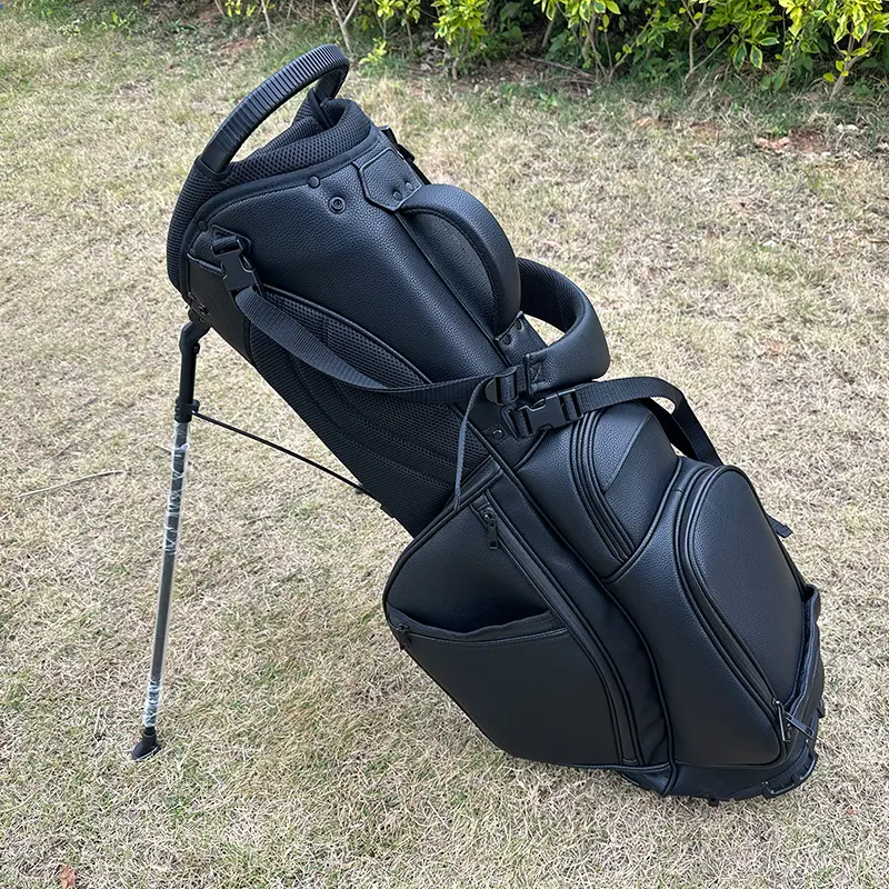 男性用ブラックPUレザーゴルフバッグカスタムロゴスタンドアタッチメントポータブル刺繍ゴルフスタンドバッグ