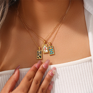 Cadeau de Noël Collier en acier inoxydable plaqué or vintage 18 carats, sans ternissement, zircon, signe <span class=keywords><strong>du</strong></span> zodiaque mystique, émail, carte de tarot, pour femmes - Product Image 2