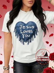 T-shirt con cuore Jesus Loves You da donna, manica corta, girocollo, casual, per San Valentino, 100% cotone, leggera e traspirante - Product Image 3