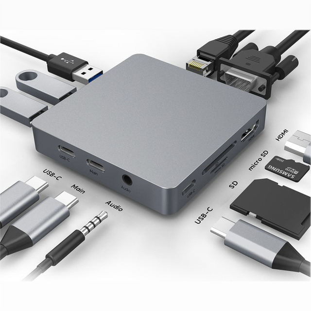 Multiport 11 in 1 USB Hubs Type C to VGA HDTV 1000Mbps Ethernet SD TF USB 3.5mm AUDIO PD 100W Hub Station