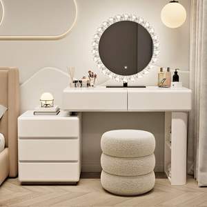 Coiffeuse élégante avec accents de cristal, miroir LED, bureau de toilette pour chambres modernes, station de maquillage blanche avec tabouret - Product Image 4