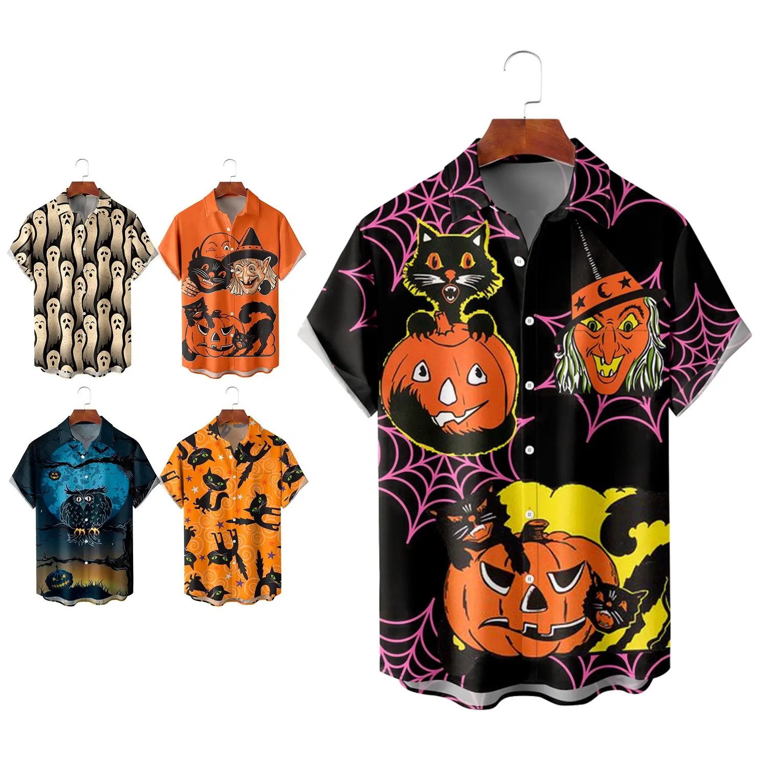 New Design Pumpkin Print Halloween Men's Shirt Fashion Lapel Collar Unisex T-shirt Short Sleeve Breathable Holiday Tops For Men
