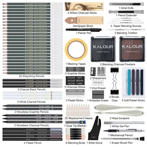 KALOUR Ensemble d'outils de dessin artistique 108 pièces avec étui en métal, comprenant poudre de fusain, graphite, rallonge de gomme, racloir à fusain et crayons à dessin - Product Image 2