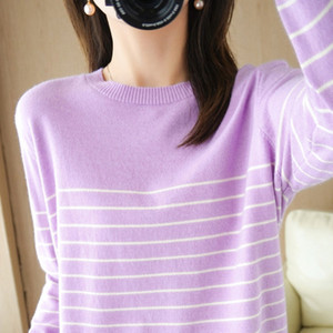 <span class=keywords><strong>Pull</strong></span> en coton tricoté 100% pour <span class=keywords><strong>femme</strong></span>, rayé, col rond, grandes tailles, coupe ample, manches longues, élégant - Product Image 6