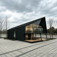 Maison mobile moderne en acier avec plan à deux étages, terrasses extérieures et grande façade vitrée