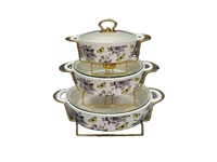 Ensemble de 3 ustensiles de cuisson en céramique : cocotte, plat à four, réchaud à alcool avec support doré