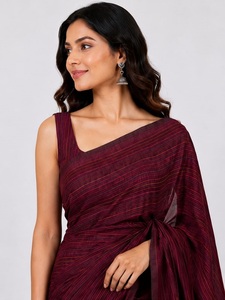 Hermoso Sari de Algodón a Rayas Color Granate con un Moderno Diseño de Rayas, Tela Suave y Transpirable, y un Estilo Étnico Elegante para el Día a Día - Product Image 1