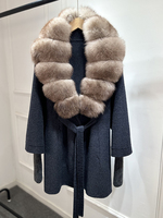 Manteau en laine mélangée cachemire Janveny 2026, nouvelle collection hiver, pour femme, ceinturé, épais, chaud, avec col en vraie fourrure naturelle et manches en tricot