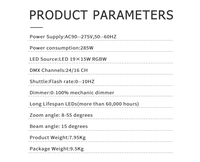Shehds Wash + Light Yuer 19X15W Rgbw Éclairage à tête mobile Led RGBW Zoom Lumières Aura pour scène