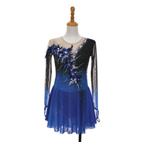 Robe de patinage et de danse pour enfants et adultes, bleu royal et noir dégradé, manches longues en maille, dos orné de fleurs en strass, pour compétition et spectacle de patinage sur glace